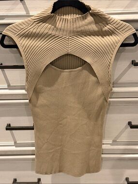 White House Black Market Beige Ribbed Cutout Knit Top